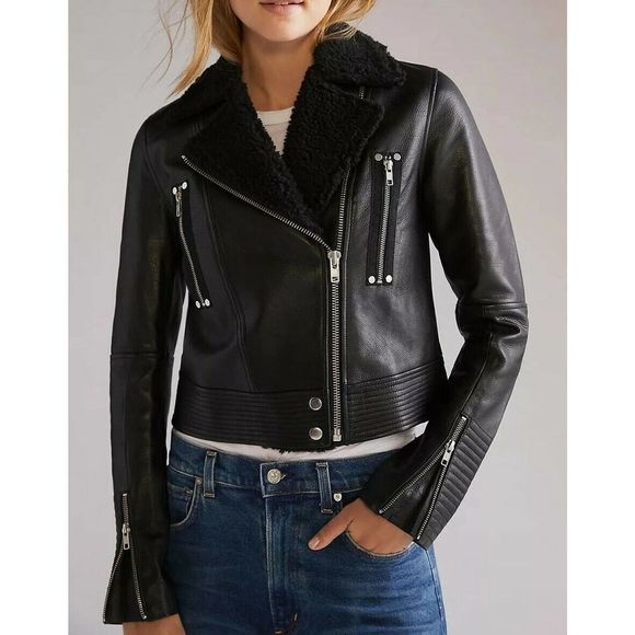 New NWT Women's Paige Rooney Leather Moto Jacket S Small Shearling trimmed Black